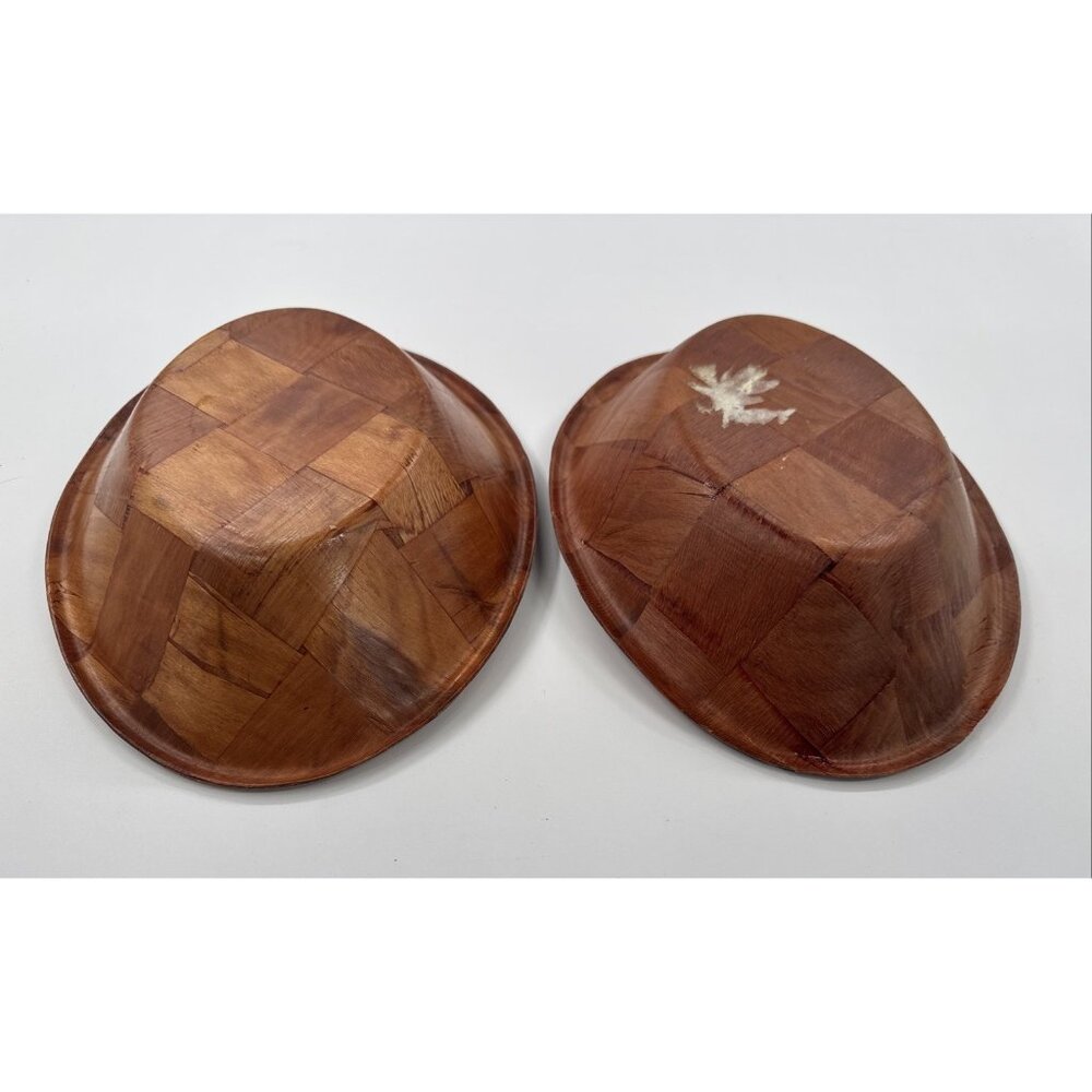 Vintage Parquet Weave Wood Oval Serving Bowls 12" Lot of 2 Woven Mid Century MCM - Picture 6 of 9